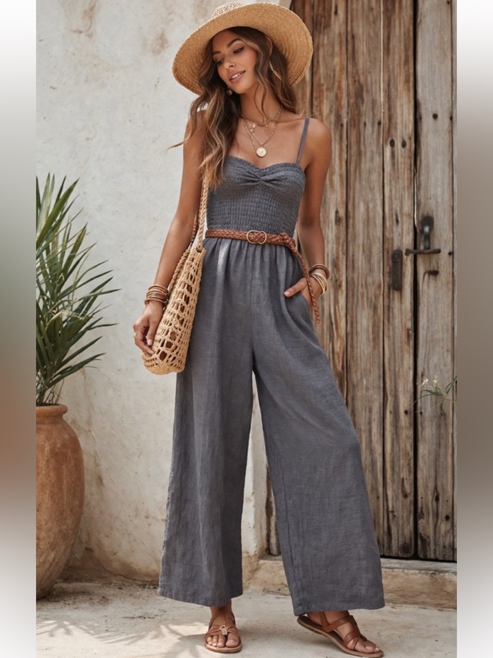 Faherty Mandy Smocked Linen Jumpsuit Gray